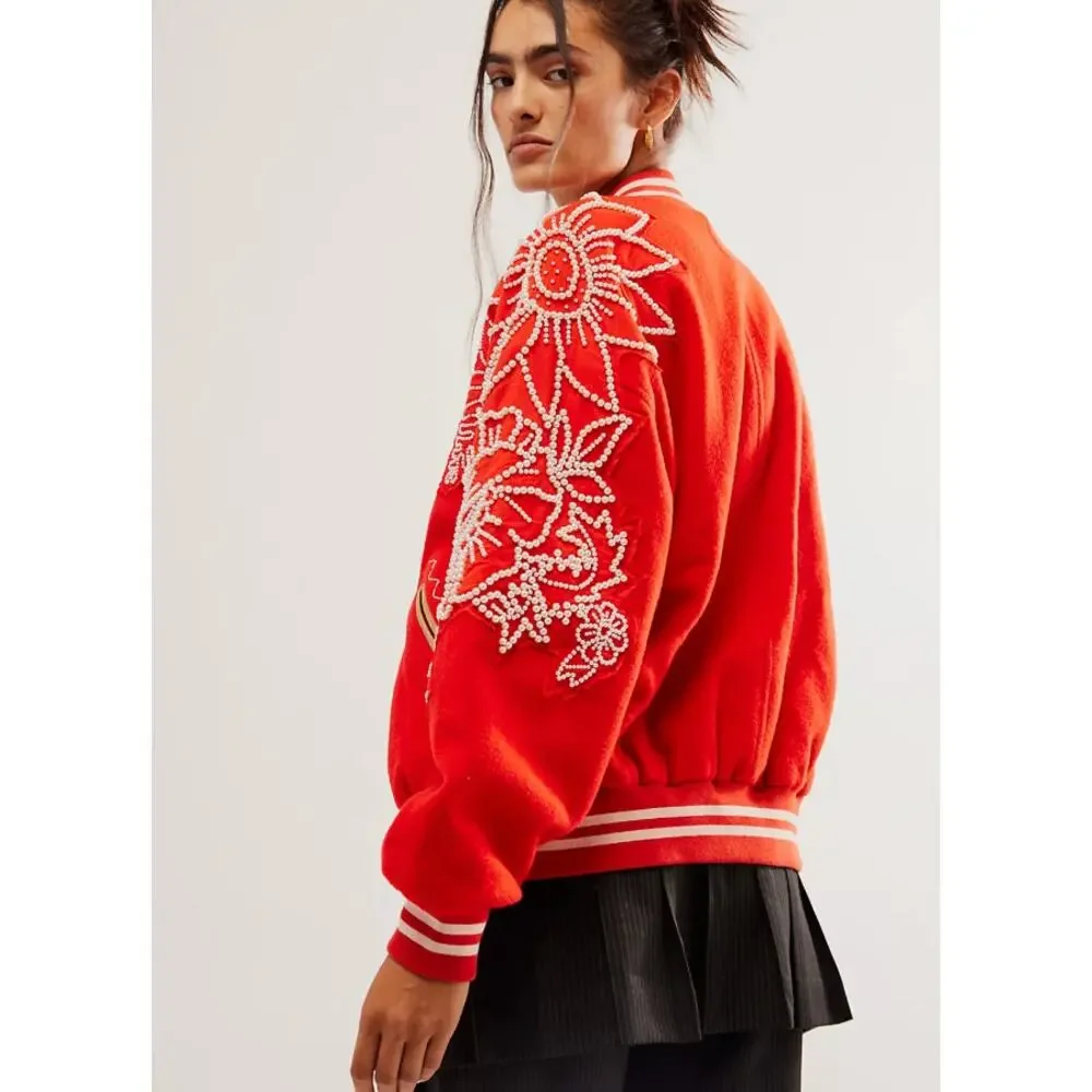 Free People Pretty In Pearls Bomber Jacket Varsity Red Medium M - Picture 14 of 14